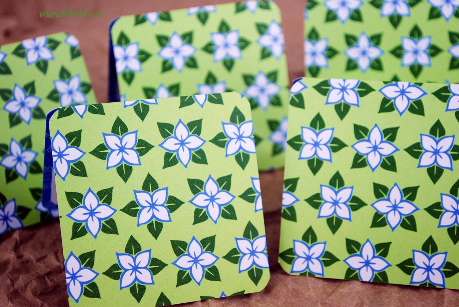 Blank Mini Card Set of 6 Cute Floral, Contrasting Floral on the Inside with Royal Blue Envelopes