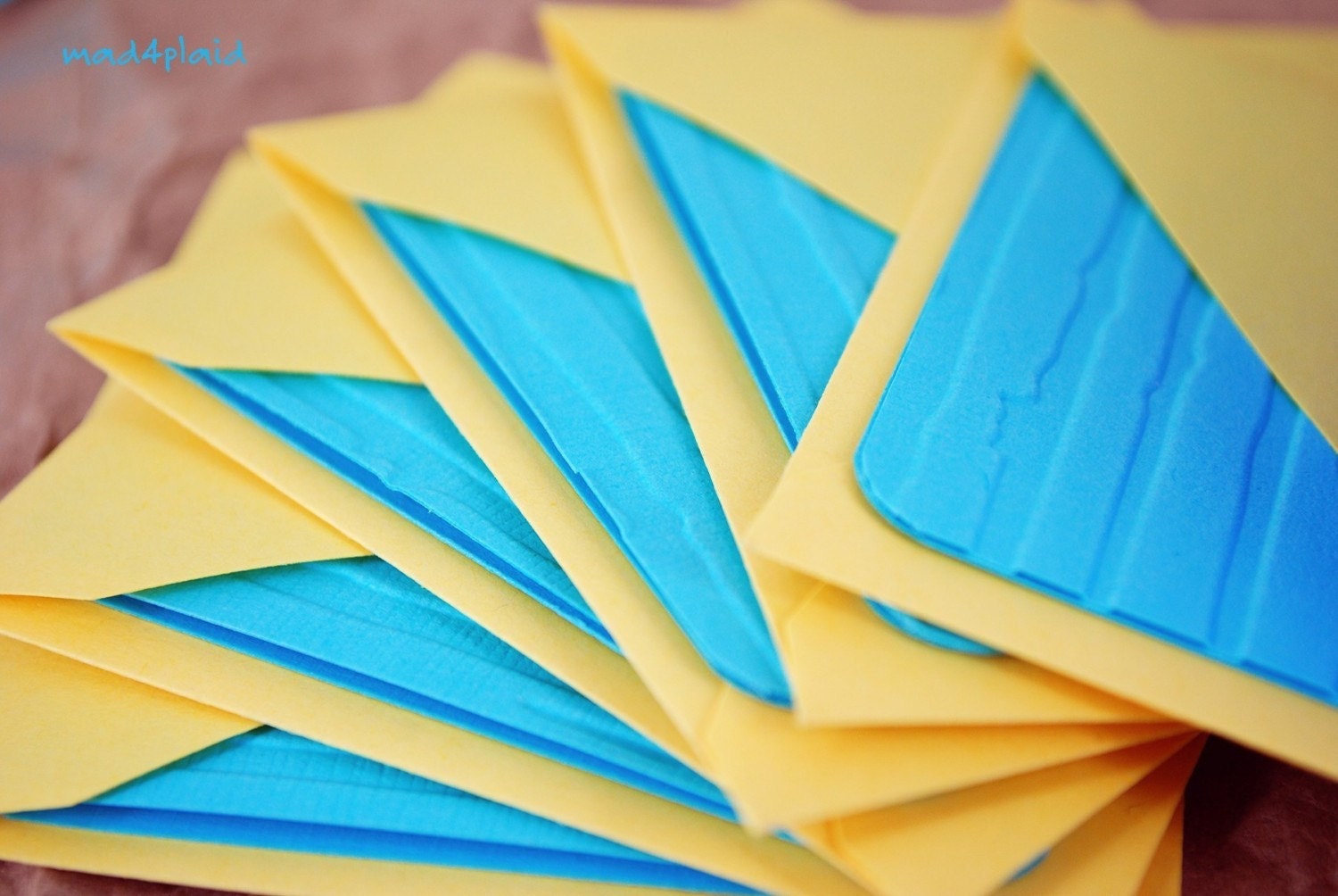 Blank Mini Card Set of 6, Light Teal Embossed with Canary Yellow Envelopes, Handmade Paper Goods by mad4plaid on Etsy