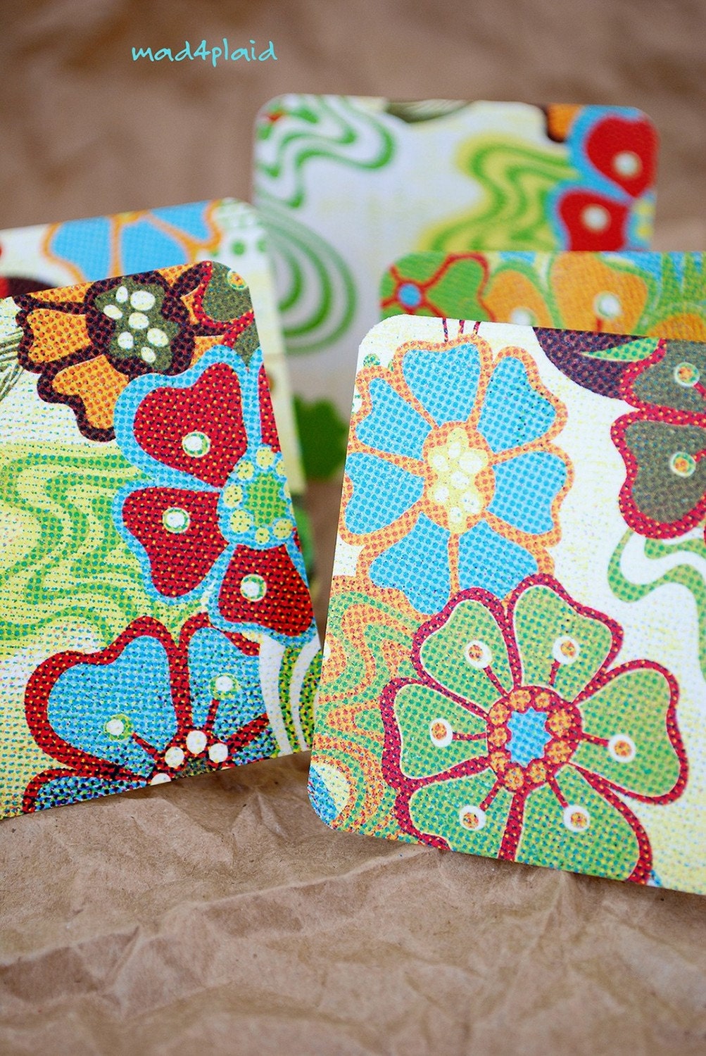Blank Mini Card Set of 6 Cute Floral with Bright Red Envelopes Handmade Paper Goods by mad4plaid on Etsy