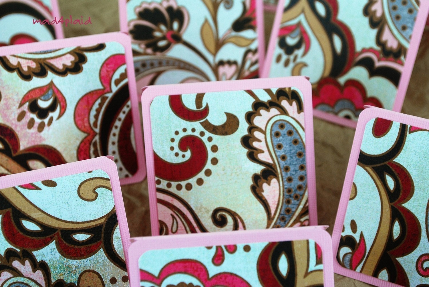 Blank Romantic Mini Card Set of 10, Swirl Design on Pink with Metallic Bronze Envelopes, Handmade Paper Goods by mad4plaid on Etsy