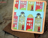 Blank Mini Card Set of 10, French Townhouse Design on LIght Melon, Natural Kraft Envelopes, Handmade Paper Goods by mad4plaid on Etsy