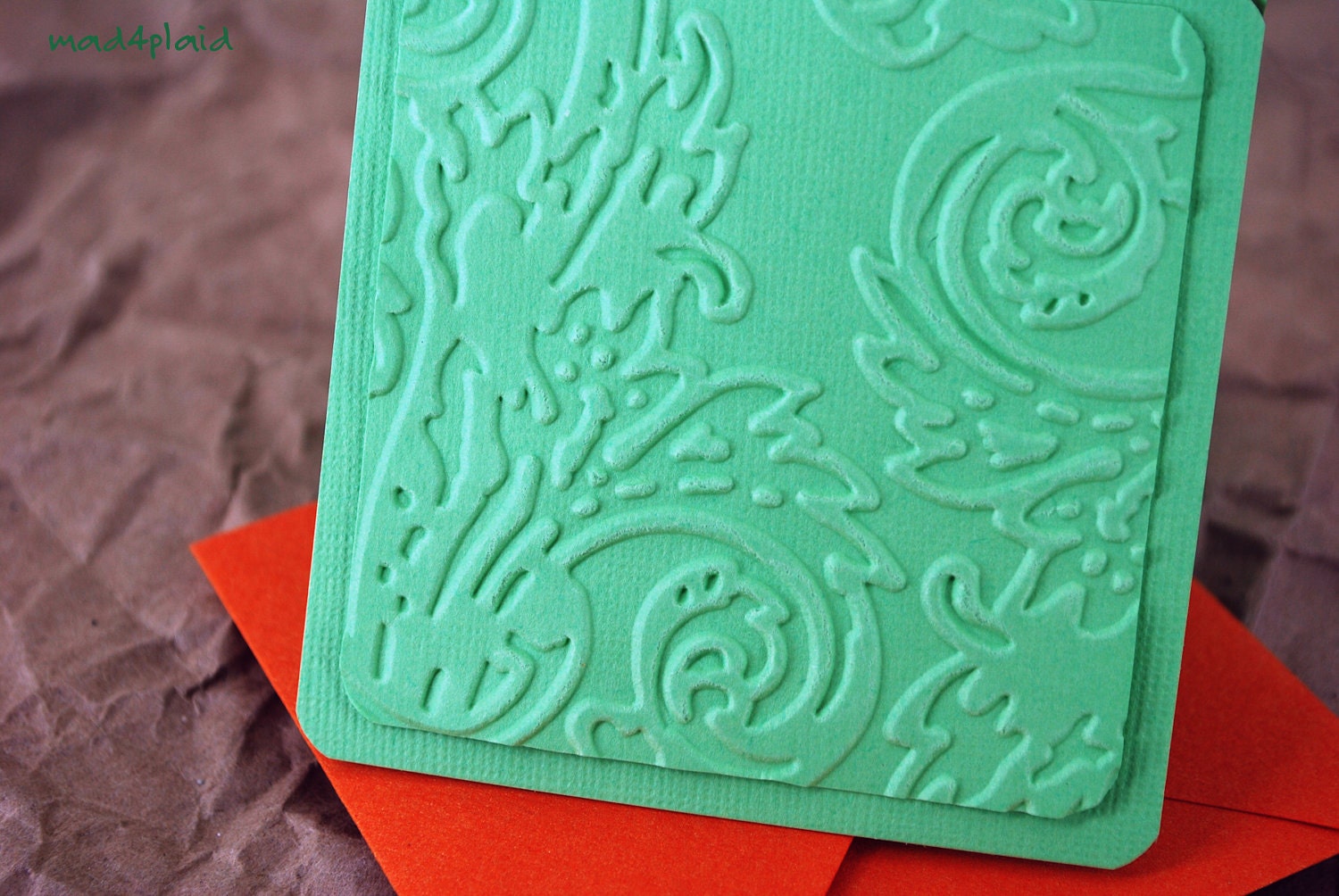 Blank Mini Card Set of 10, Embossed Lime Green Pattern, Metallic Orange Envelopes, Handmade Paper Goods by mad4plaid on Etsy
