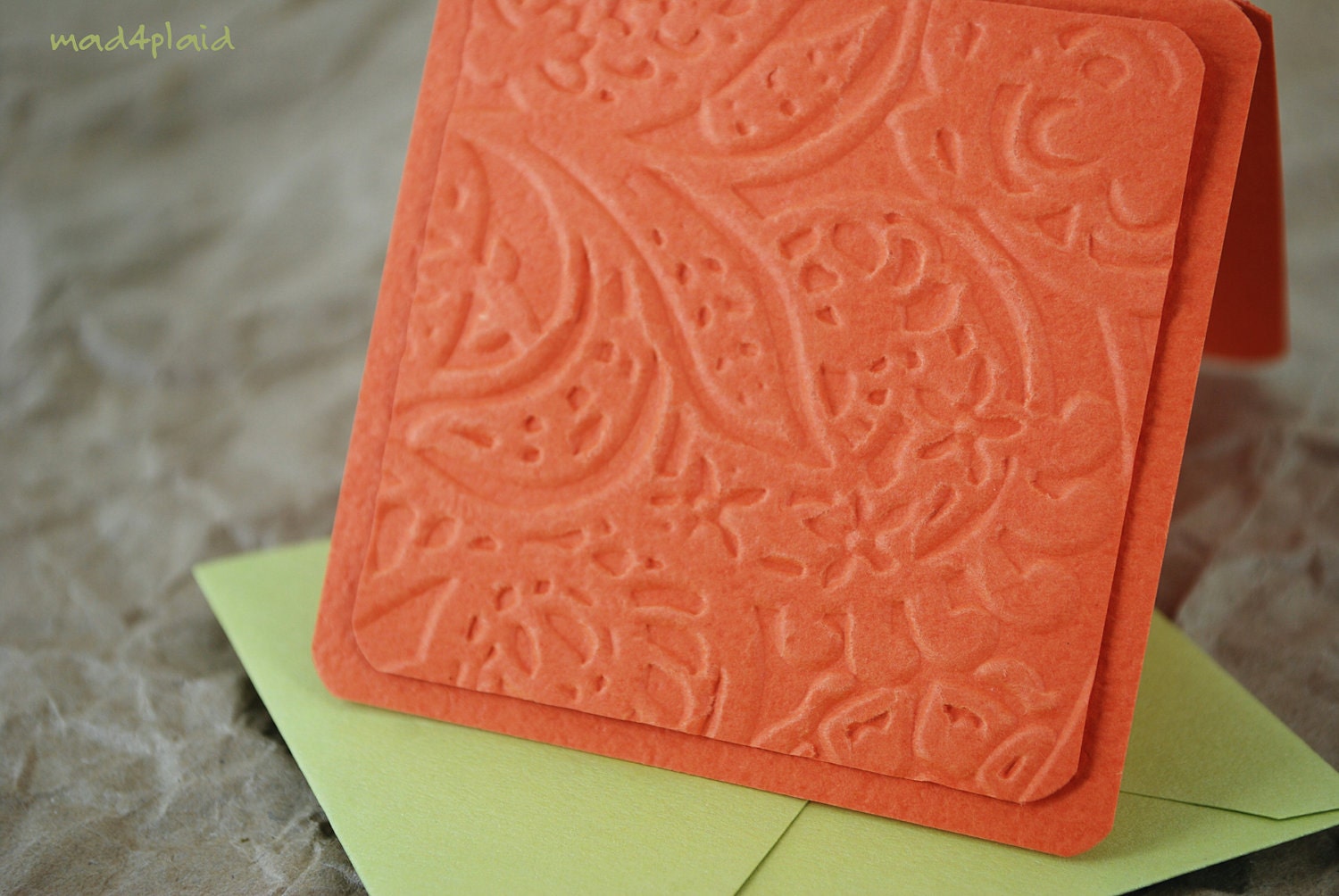 Blank Mini Set of 10 Cards, Tropical Orange Embossed Design, Metallic Lime Envelopes, Handmade Paper Goods by mad4plaid on Etsy