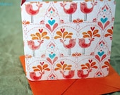 Blank Mini Card Set of 10, Cute Love Bird Design with Contrasting Pattern on the Inside, Metallic Orange Envelopes, mad4plaid