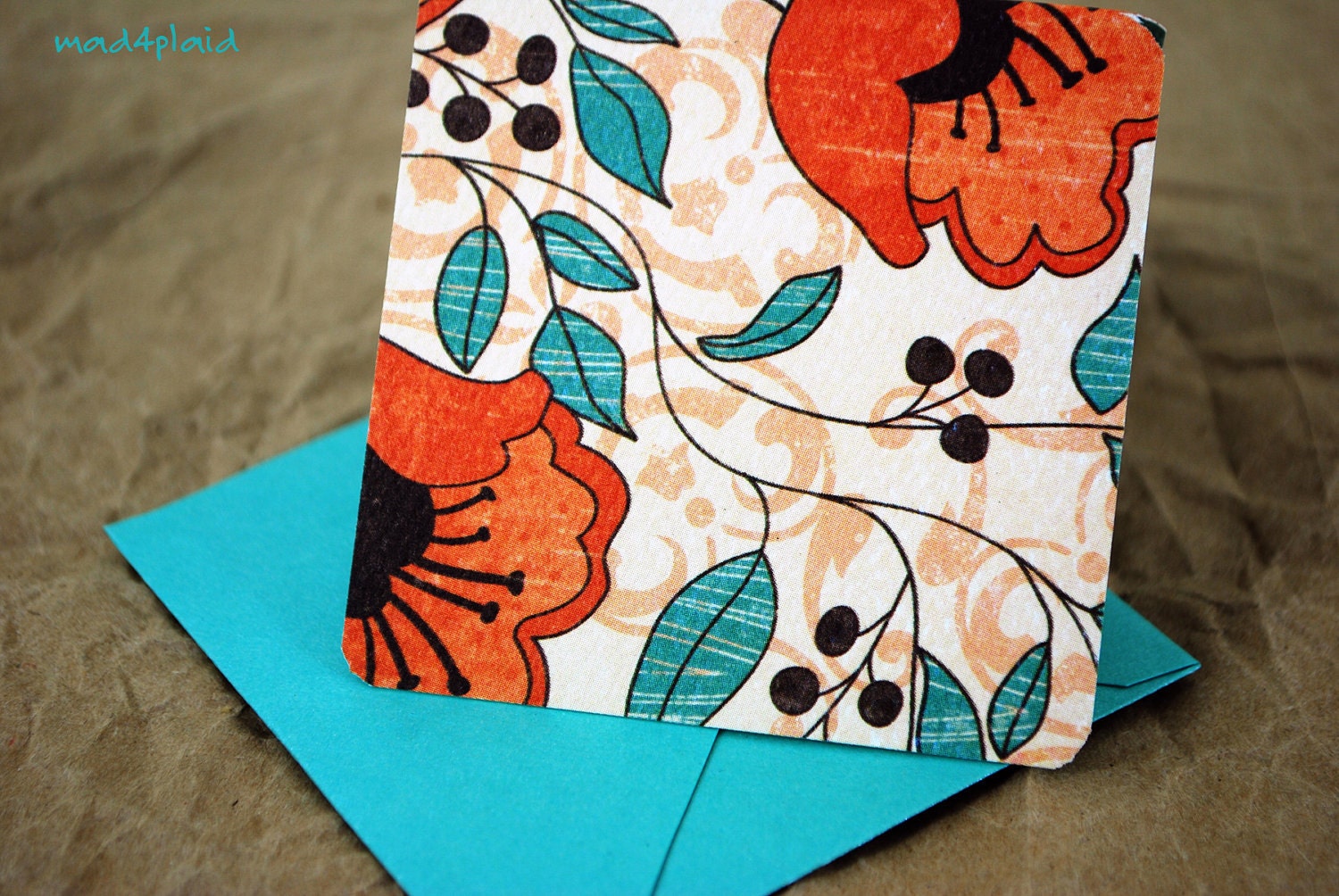 Blank Mini Card Set of 10, Rich Orange Watercolor Floral with Contrasting Polka Dots on the Inside, Metallic Aqua Envelopes, mad4plaid