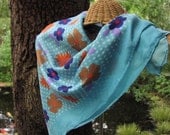 Vintage Scarf, polka dot floral silk, orange purple white, bright blue flowers March Aquamarine Birthstone