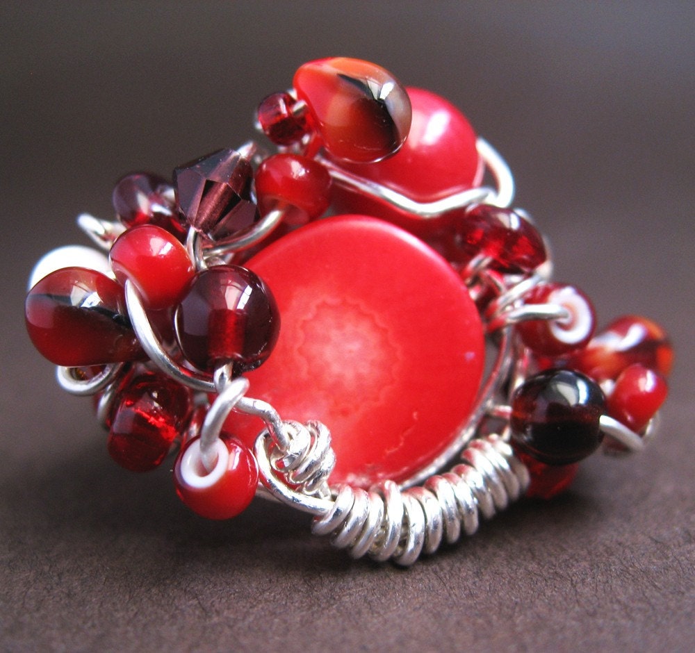 Coraline Ring - coral, Swarovski crystal, glass, sterling silver wire