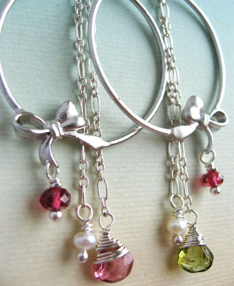 Tori Earrings - pink and green tourmaline, pearls, silver plated over brass, sterling silver