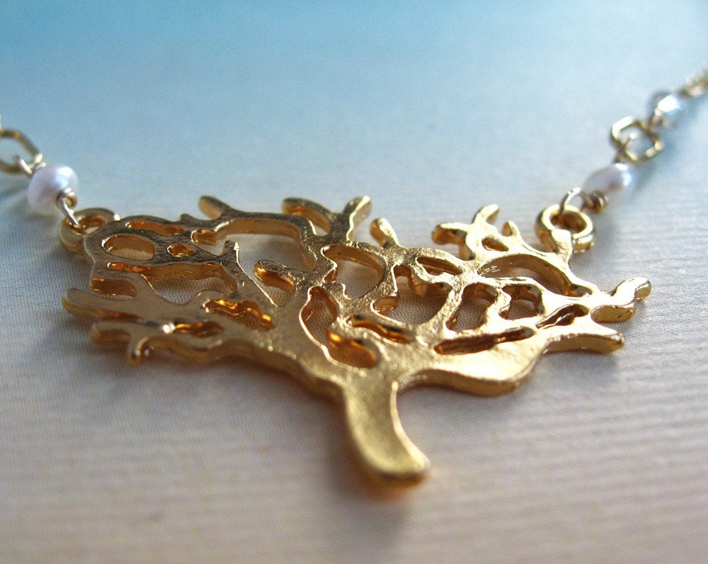 Diana Necklace - 16K gold plated tree pendant, pearls, Swarovski crystal, gold filled