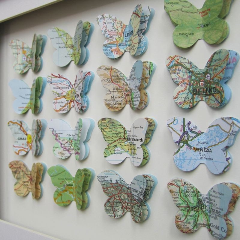 The Places We've been - 16 Butterfly Custom Example - Vintage Map Butterfly Art