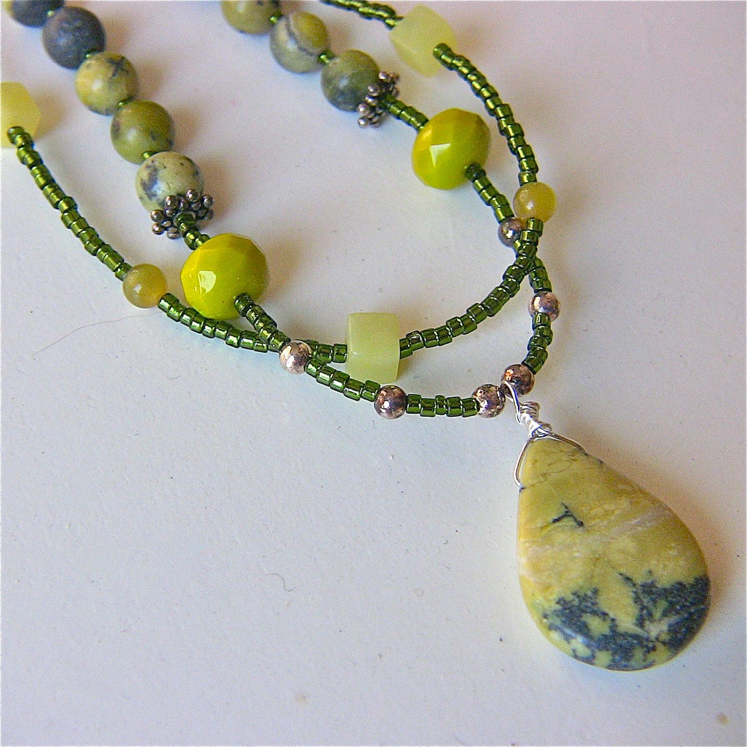 Yellow Turquoise Necklace Multi Strand Unique Artisan