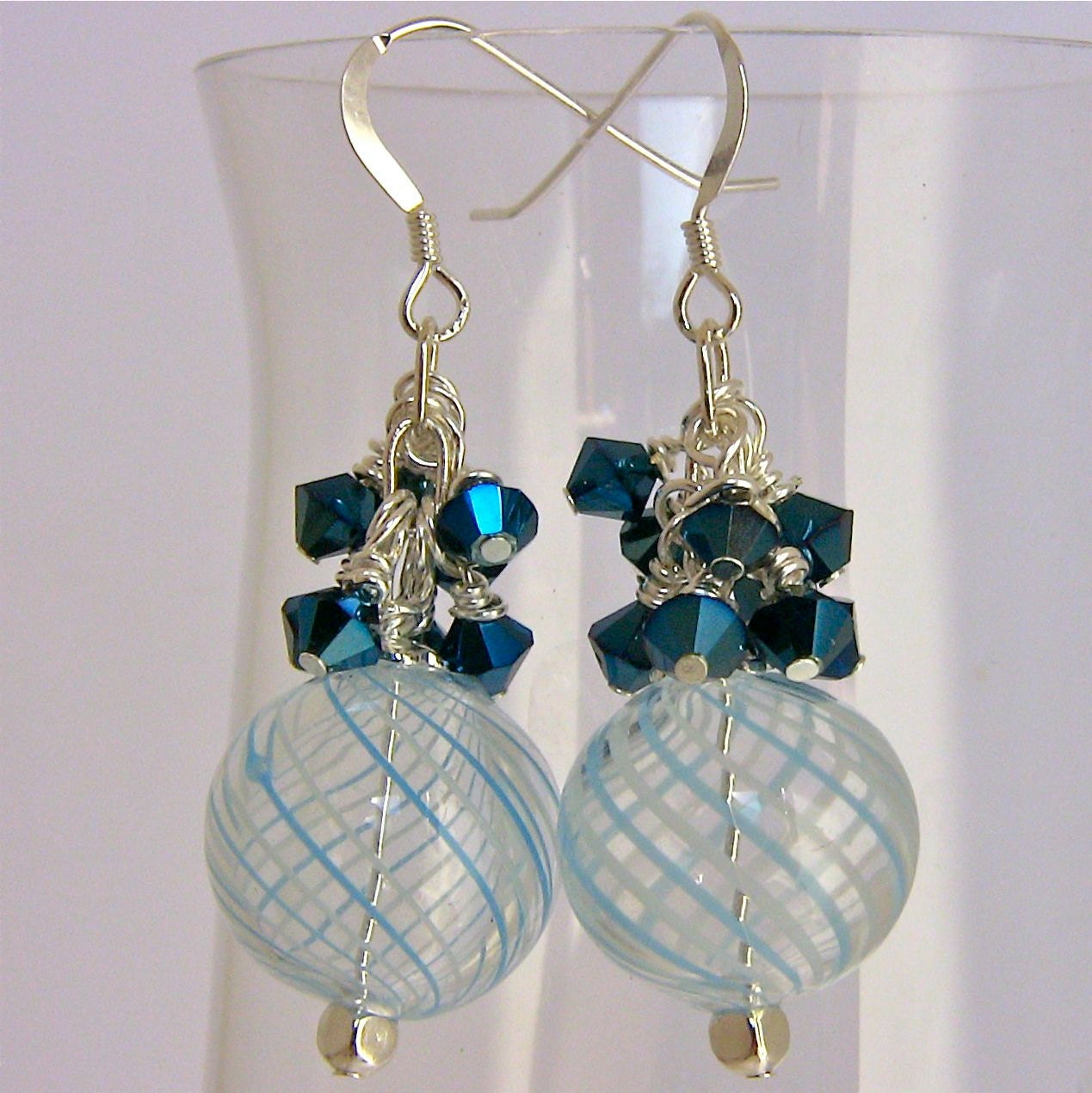 Blue Earrings with Crystals, Hand blown Glass, Sterling Silver Earwires