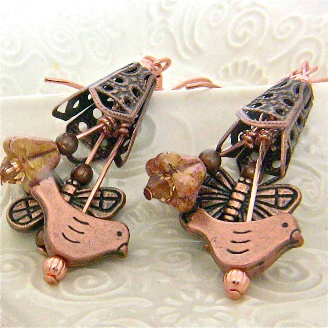 Butterfly Earrings with Birds, Flowers, Uniique Copper Filagree