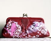 Kiss Clutch Red Leather Bag Handpainted Springtime Lovebirds OOAK Art
