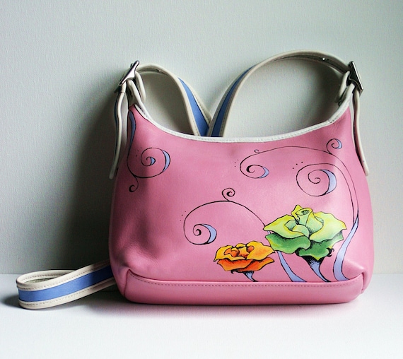 Coach Leather Crossbody Upcycled Pink Hand Painted Tattoo Roses Flowers OOAK