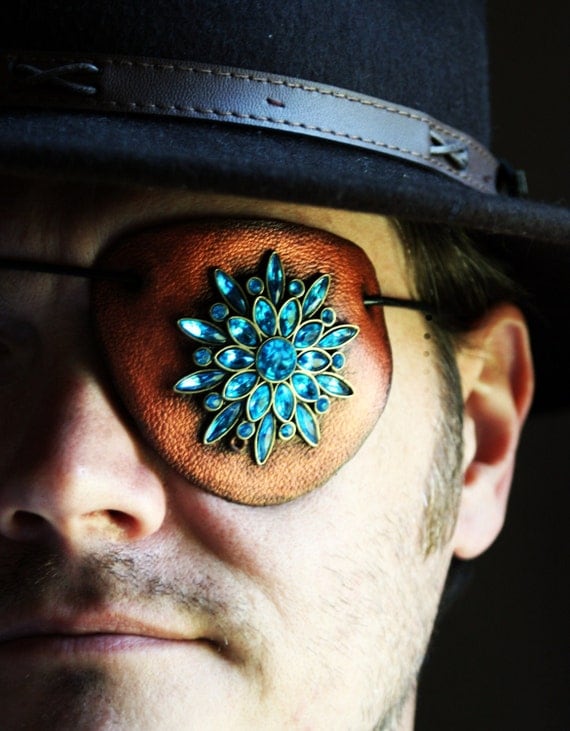 Leather Jeweled Eyepatch OOAK- Hand Painted Leather Patch With Found Jewelry Piece