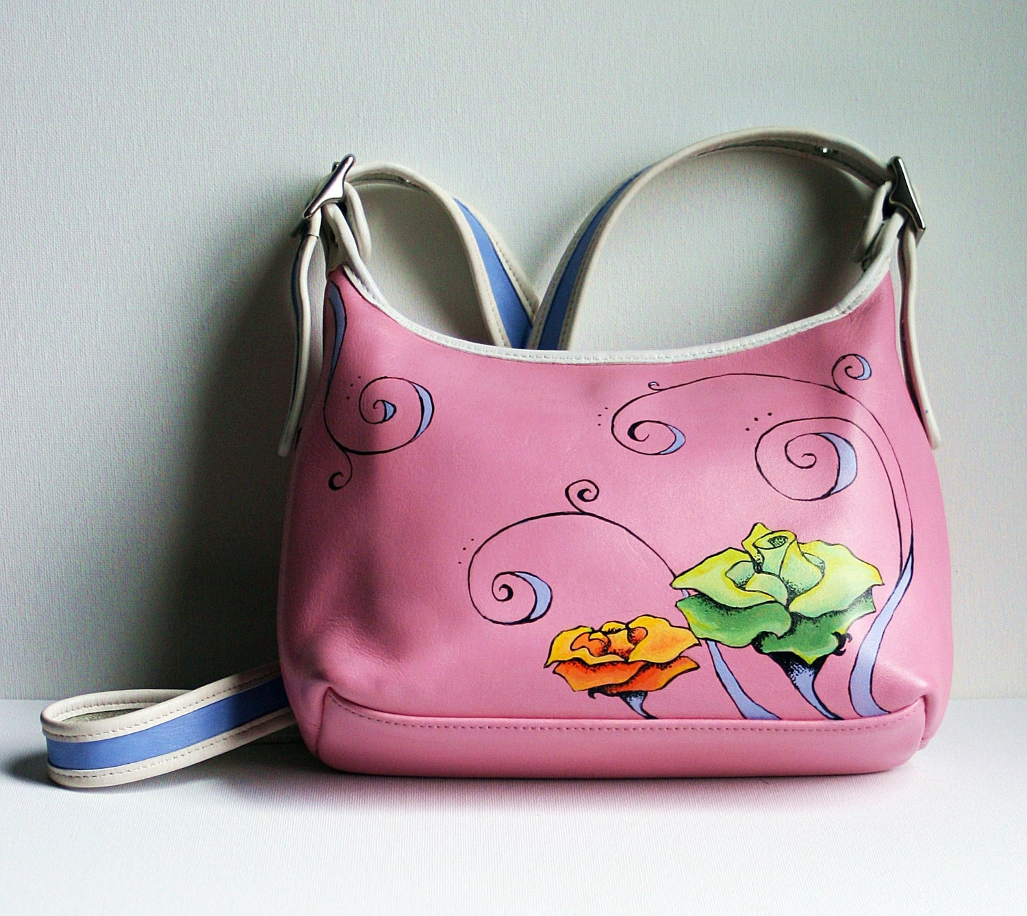 Coach Leather Crossbody Upcycled Pink Hand Painted Tattoo Roses Flowers OOAK