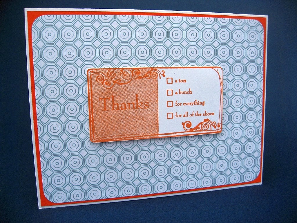 Thank you card, orange and blue check boxes
