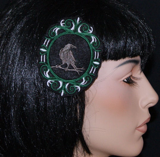 Black Raven Dark Green Cameo Frame Embroidered Hair Clip MTCoffinz