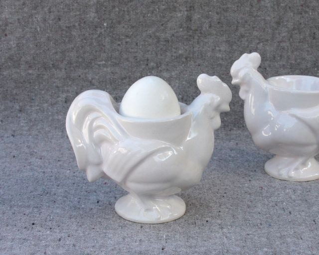 Pair of Rooster Egg Cups in Stoneware with White Glaze