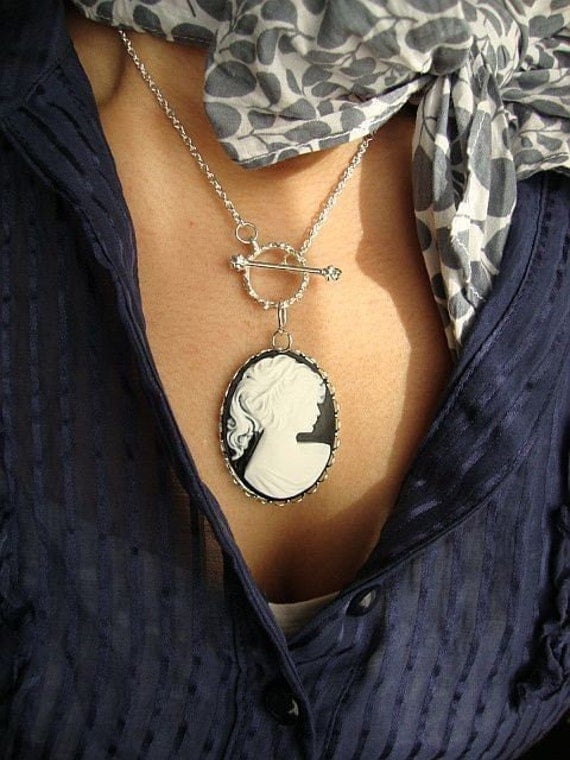 Victorian Black Toggle  Cameo  Necklace- Womens