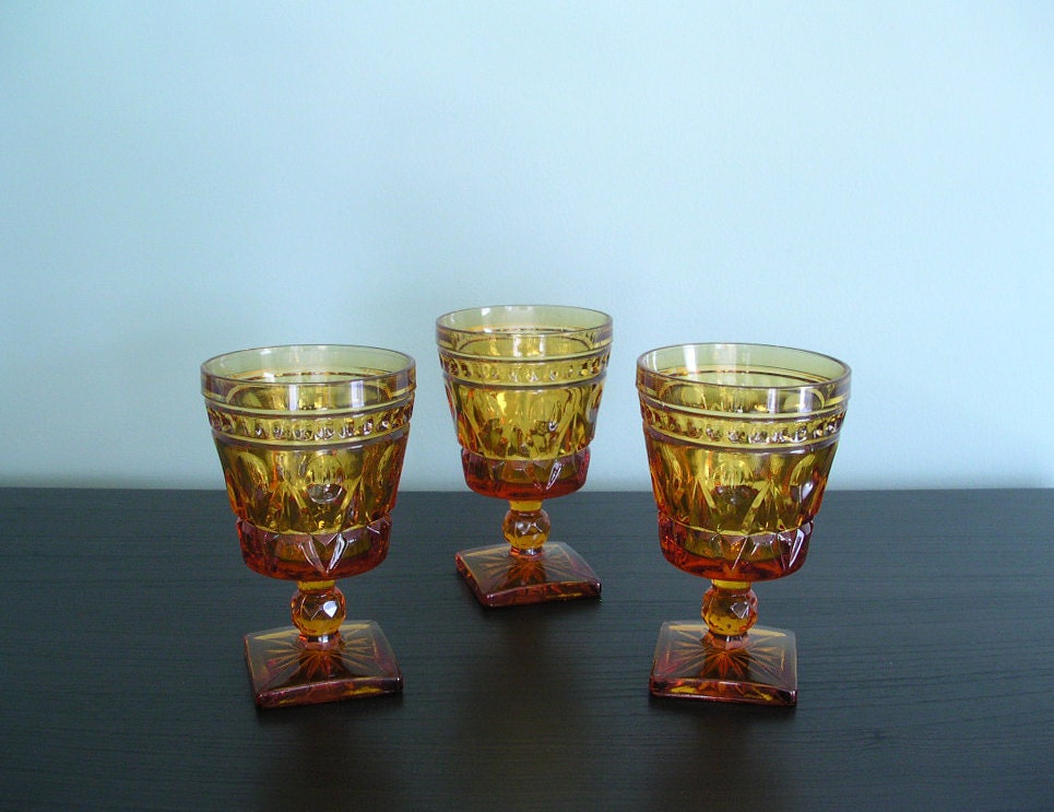 Vintage Amber Brown Glass Goblets - Set of 3
