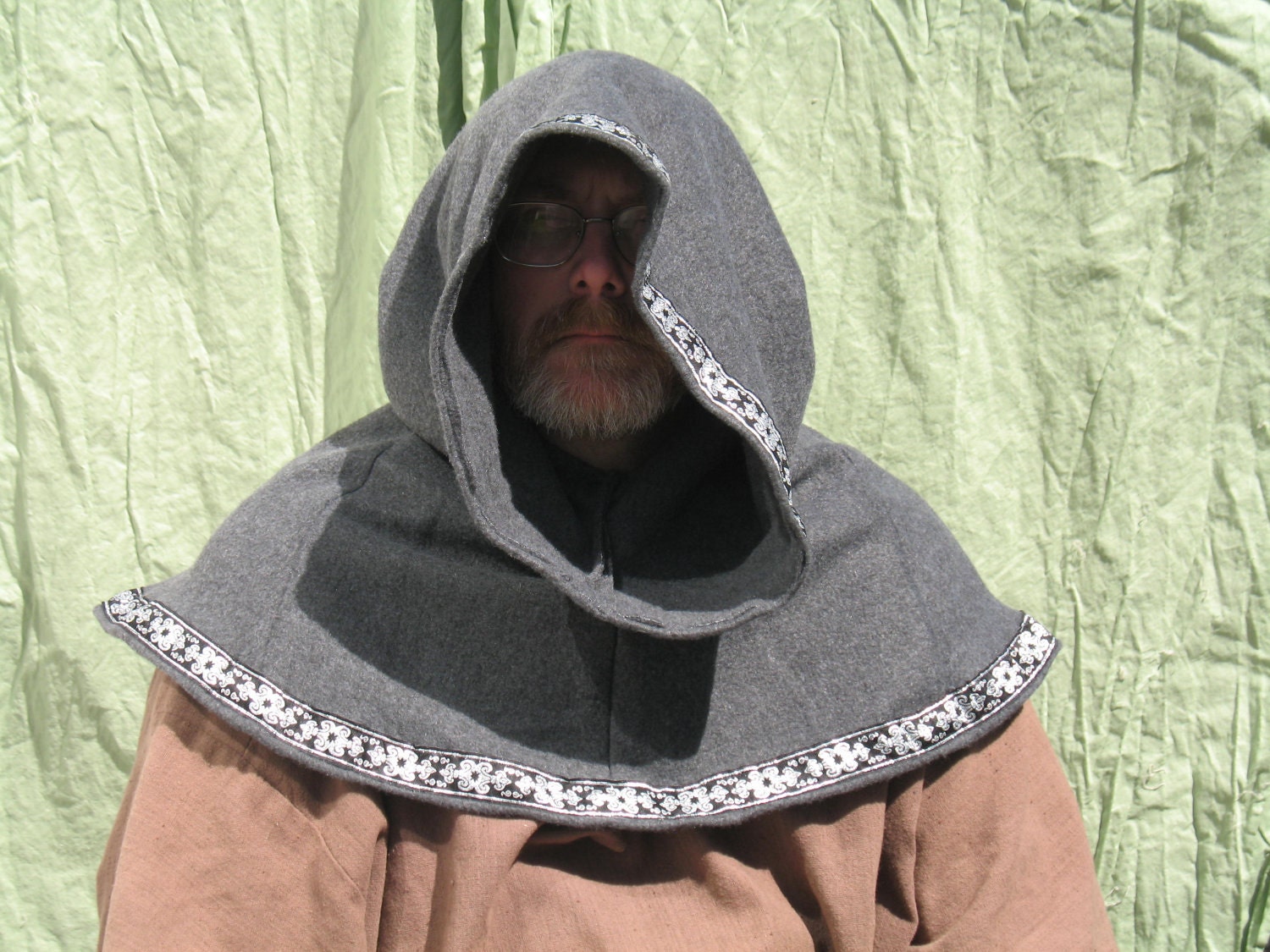 Grey Medieval Hood / Liripipe Hood w Black and Silver Trim Around Face and Bottom Hem