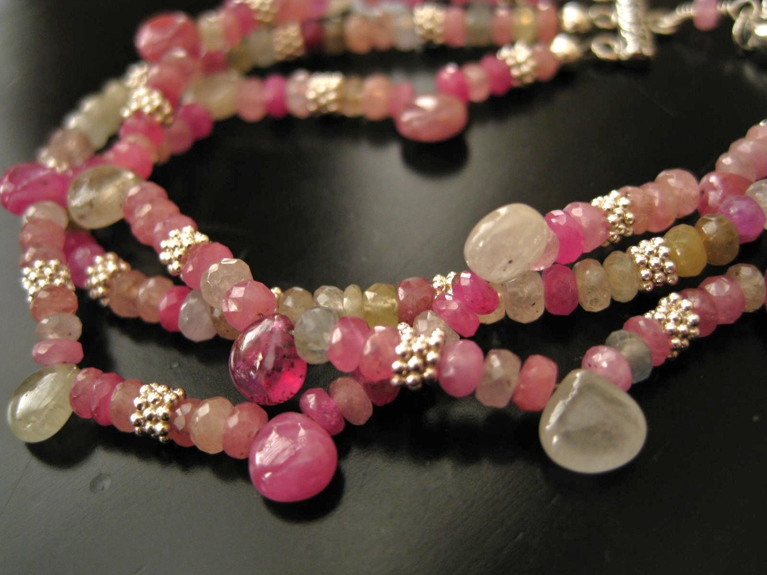 Pink Sapphire, Sterling Silver Multi Strand Bracelet-Silk and Satin