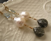 14K solid gold Blue Topaz, Baroque Pearl earrings-Storm