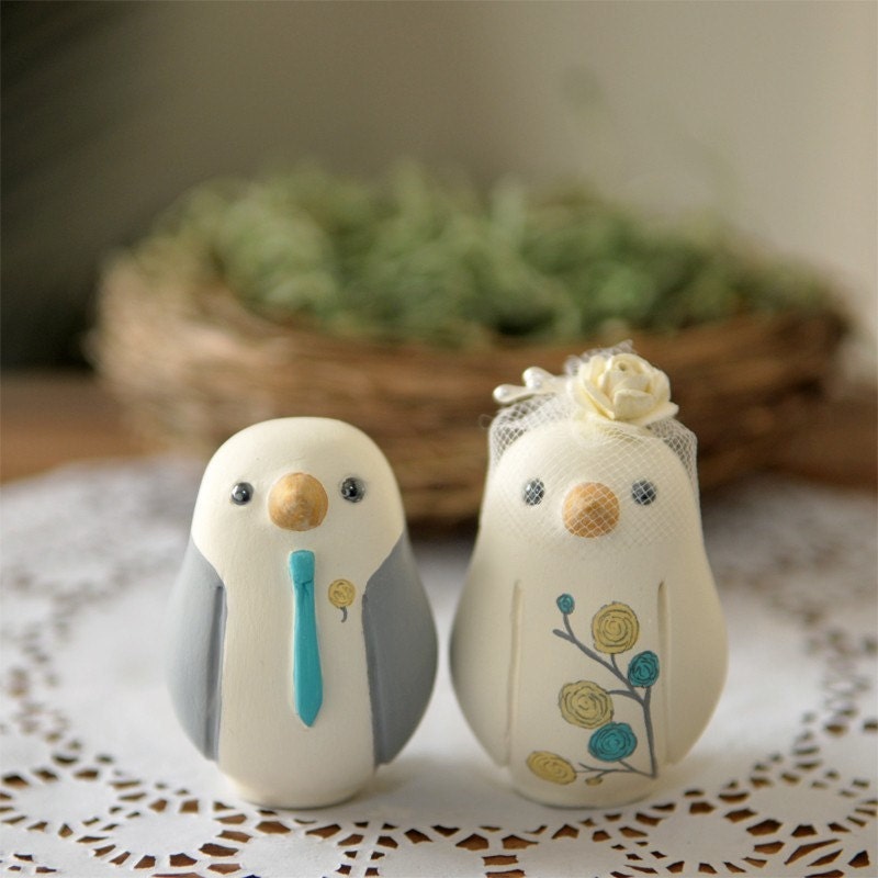 Custom Wedding Cake Topper - Small Hand Painted Love Birds with Nest and Painted Bouquet