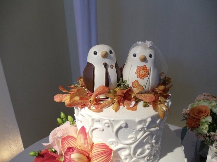 Custom Wedding Cake Topper - Large Hand Painted Love Birds with Painted Bouquet