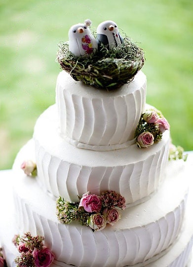 Custom Wedding Cake Topper - Medium Hand Painted Love Birds with Painted Bouquet