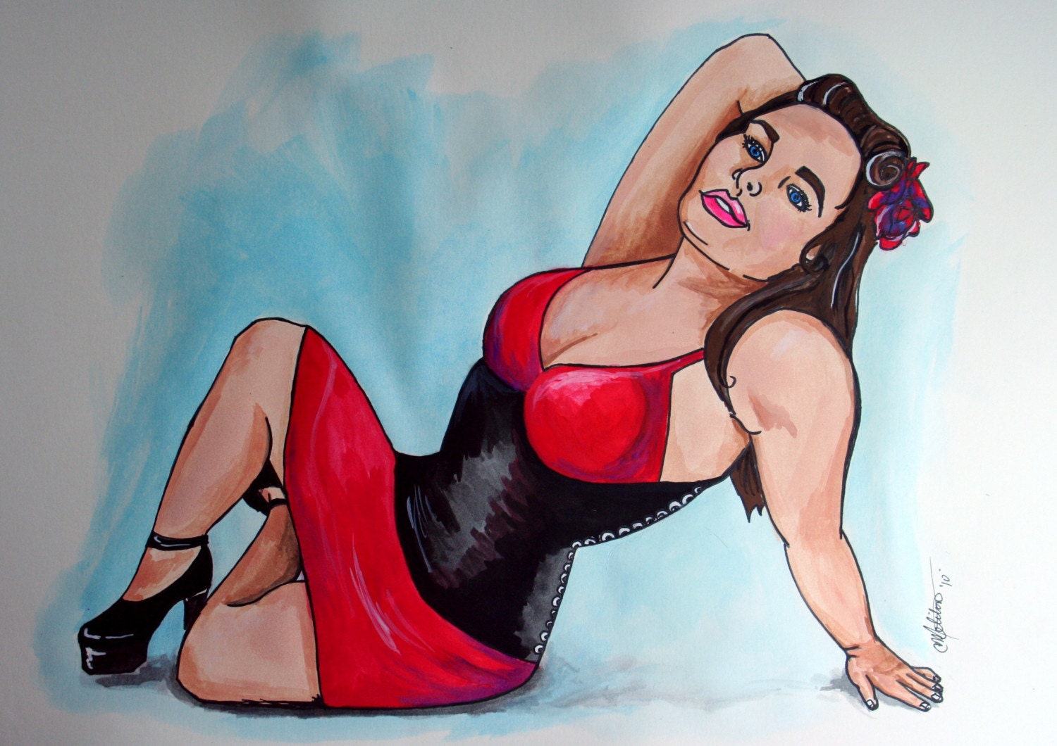 Original Illustration of a Retro Pinup Girl - Stella - 11x14 Watercolour and Ink