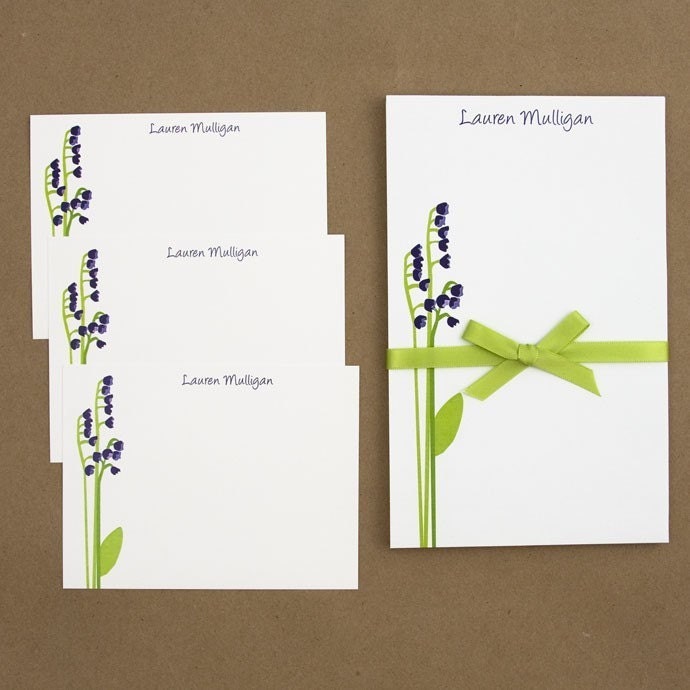 Custom Stationary set notepad and note cards- Purple LIttle Flower Buds