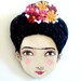 Felt brooch - Frida Kahlo, black, burgundy, magenta, pumpkin, woman face