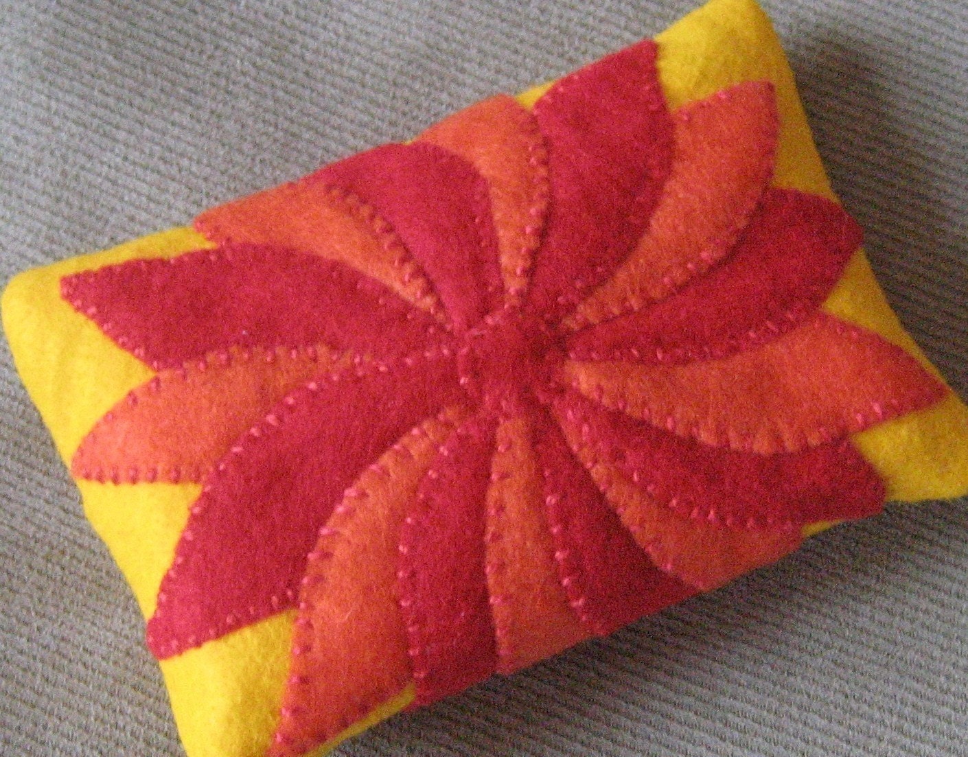 Red and Orange Pinwheel Flower on Yellow Tissue Cozy - FELTITNYC