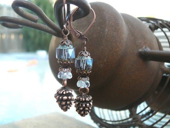Pine Cone Charm Earrings with Sapphire Blue Czech Glass and Antiqued Copper