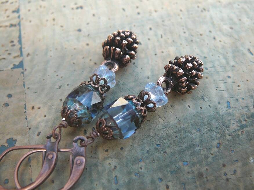Pine Cone Charm Earrings with Sapphire Blue Czech Glass and Antiqued Copper