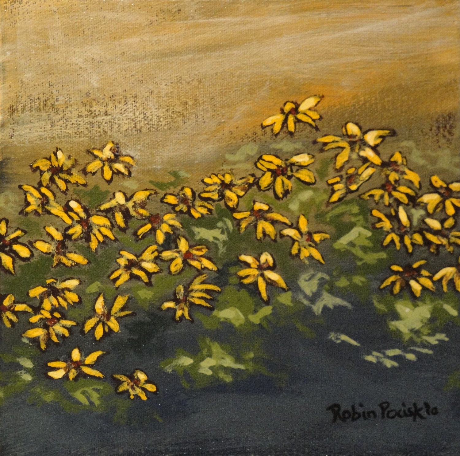 Yellow Floral Painting: 8 x 8 inch Original Acrylic Abstract Canvas Art by Robin Pocisk