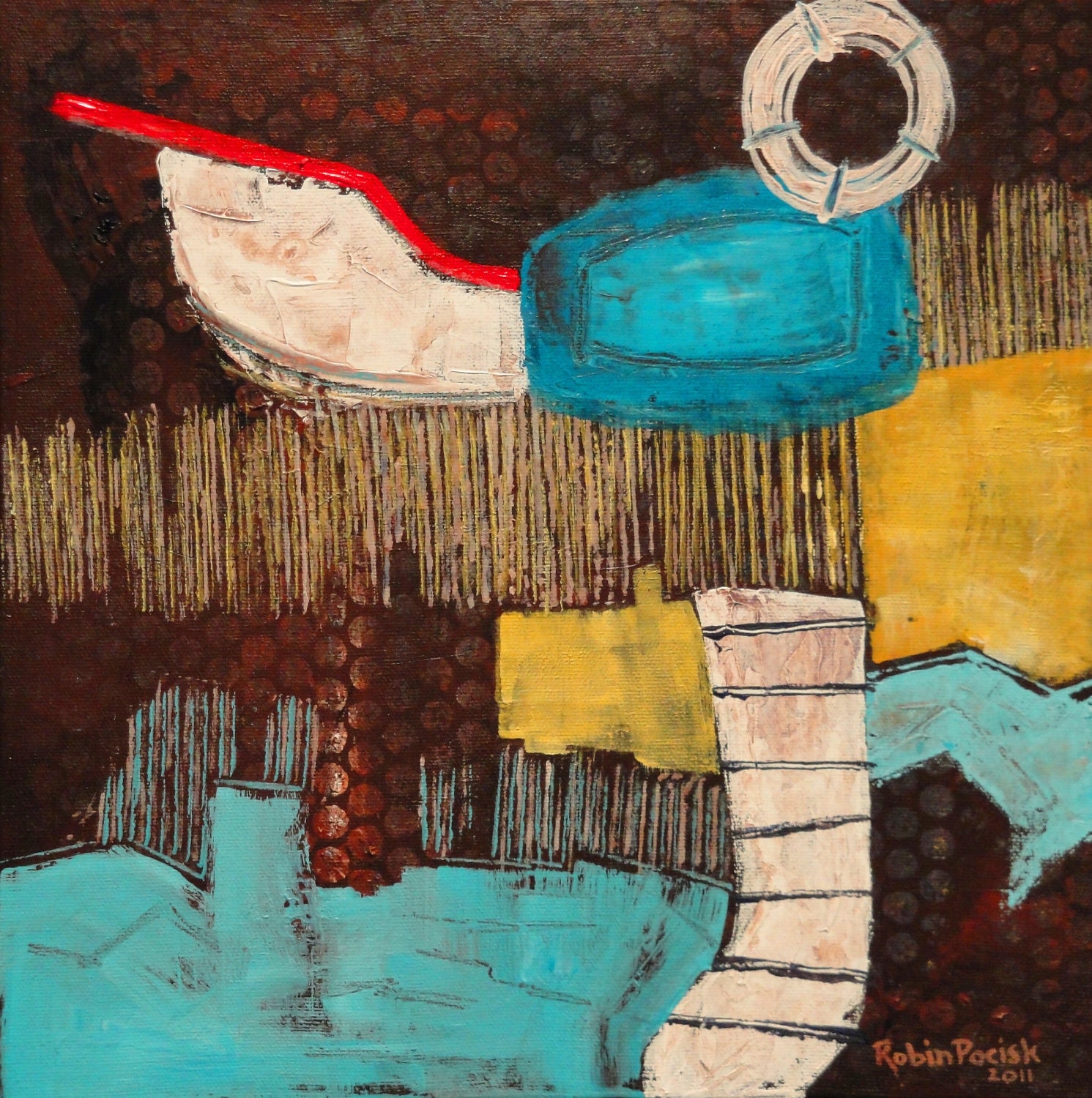 Abstract Art Boathouse Painting: 12 x 12 inch Original Acrylic on Canvas by Robin Pocisk