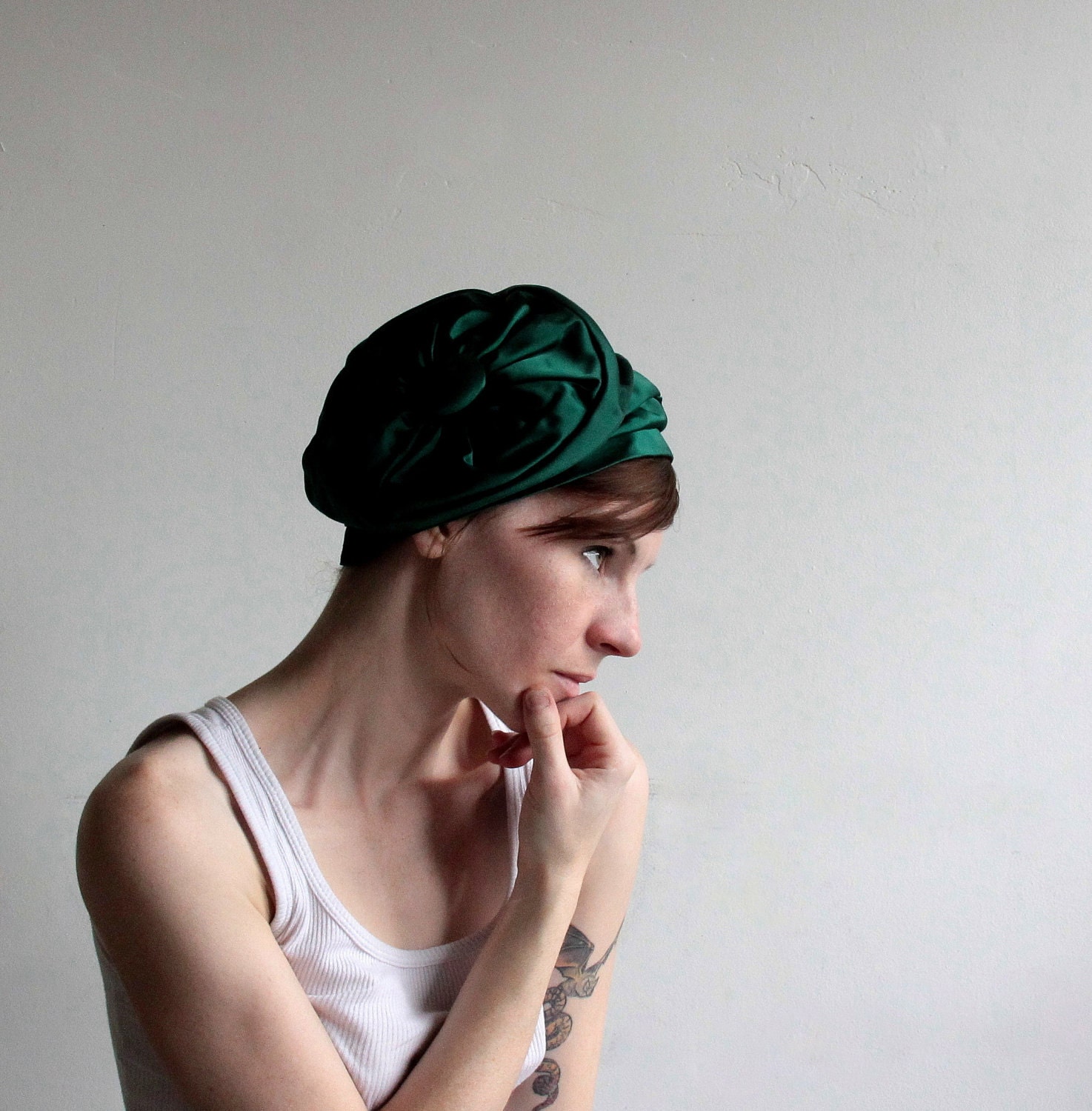 Vintage Flop Cloche .  Kelly Green Satin . Mod . Asymmetrical . High Fashion . 1960s
