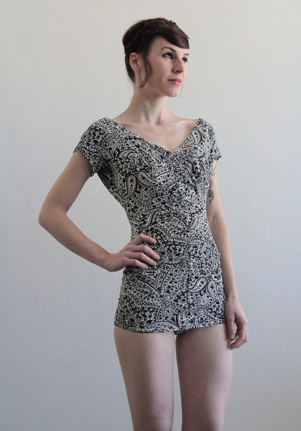 reserved....1940s Vintage Swimsuit . Bathing Suit . Black and White Paisley . Pin Up . Bombshell . Summer Beach Wear