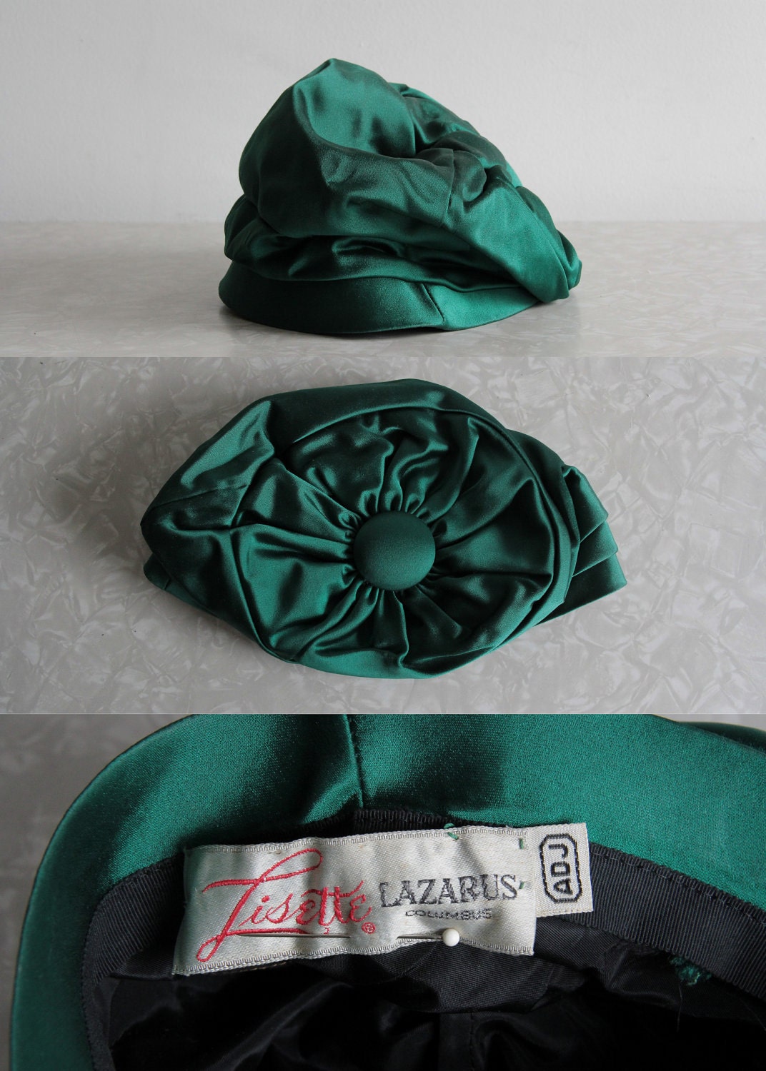 Vintage Flop Cloche .  Kelly Green Satin . Mod . Asymmetrical . High Fashion . 1960s