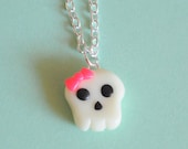 Skull Charm with Pink Bow Necklace Glow in the Dark Clay