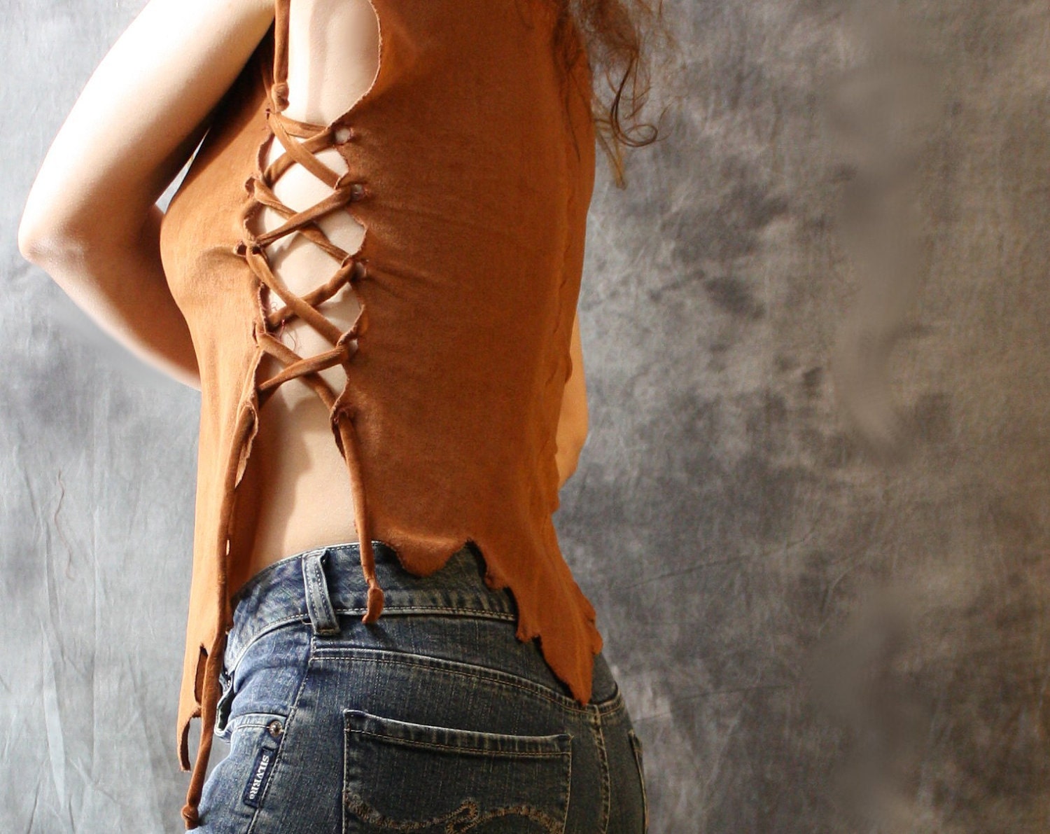 Vintage 1970s Hippie Lace Up Top with Feathers Faux Suede Camel Brown