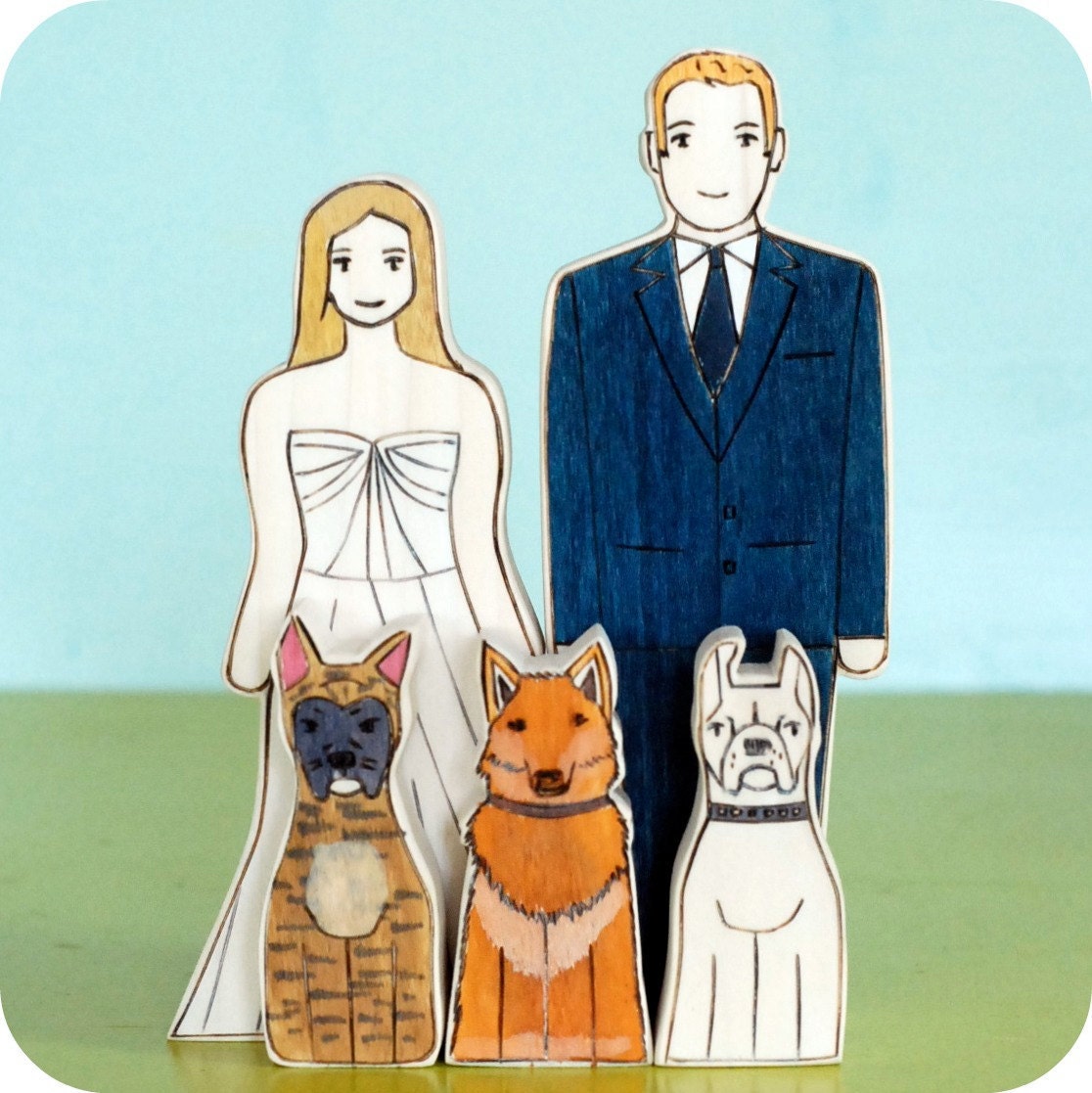 Custom Wedding Cake Topper Couple with Three Pets