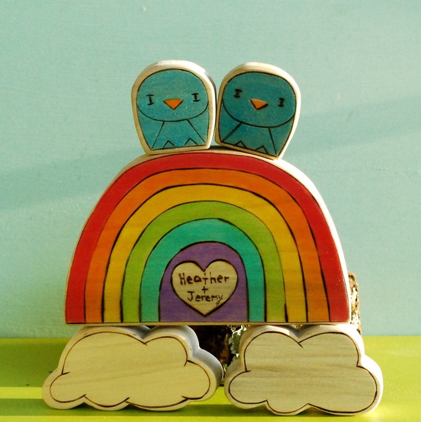 Personalized Wedding Cake Topper Love Gift Rainbow  and Clouds with Sweetheart and Little Tweet Bird Pair