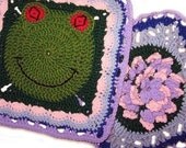 Frog, Flower Granny Square PATTERNS, PDF, Crochet, Animal, Frog, Flower, Lily, Lilypad, 2 different large squares - Immediate Download