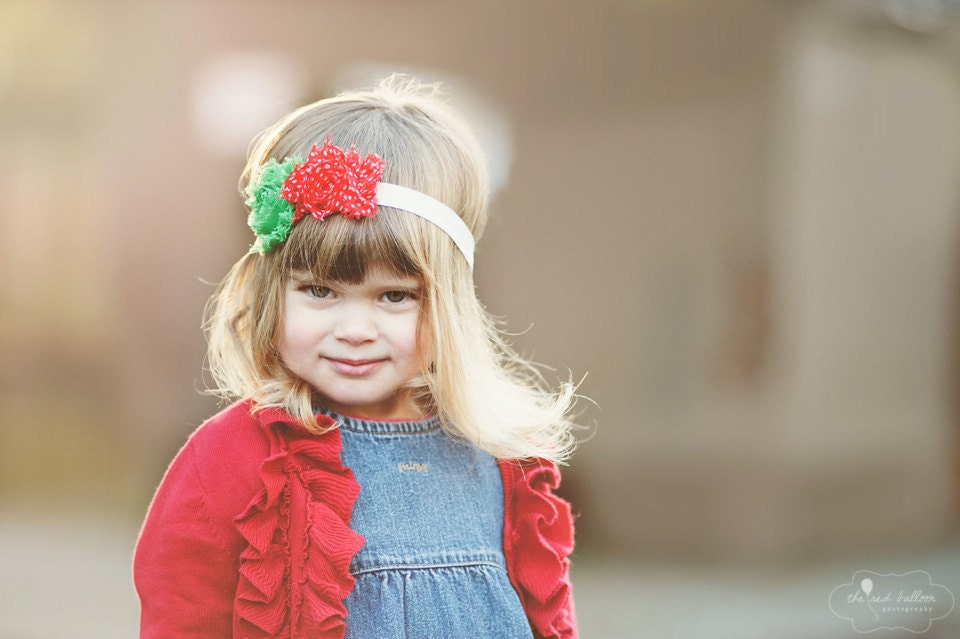 Shabby Chiffon Flowers Headband - Red Polkadot and Emerald Green