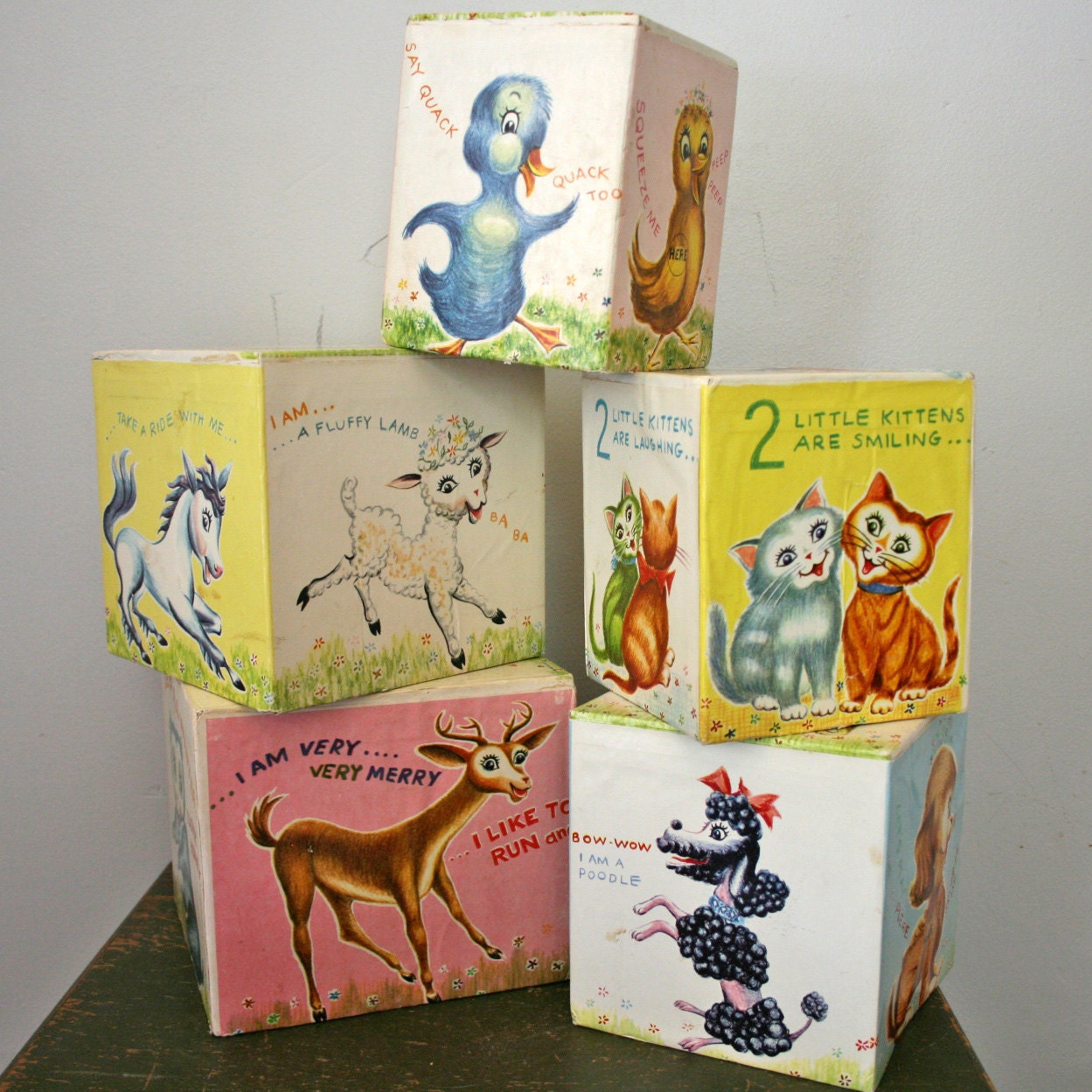 vintage 50s Toymaster Set of 5 Stacking Nesting Animal Sounds Blocks